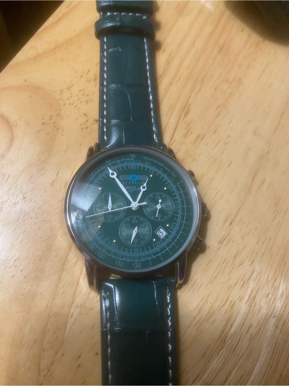 New Men's Zeppelin Green Chronograph Watch with Leather Strap